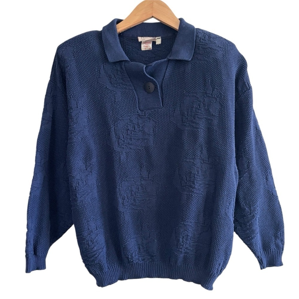 Vintage 80s Navy Polo Collar Knit Floral Sweater